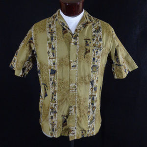 Vintage Brown Iolani Tribal Print Hawaiian Shirt M